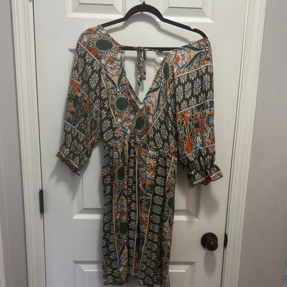 SHEIN Green and Pink Wrap Sundress with Bishop Sleeves